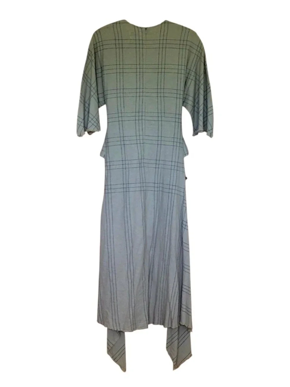 Zara Sage Green Linen Cotton Hi Low Hem Tie Dress Boho Lagenlook Plaid Stripe - Picture 4 of 11
